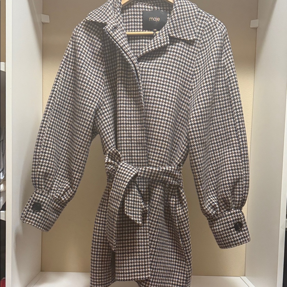 Maje Brown Cream Houndstooth Belted Jacket Puff Sleeve Size 36